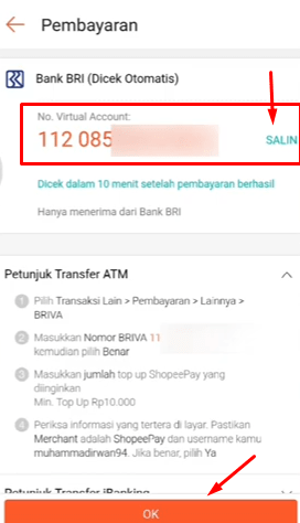 salin nomor rekening virtual yang akan kita pakai untuk transfer pada mesin ATM